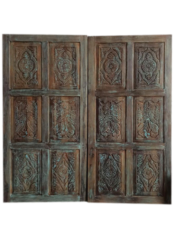 Nature Carved Blue Doors, Carved Sliding door, Barn Door, 80