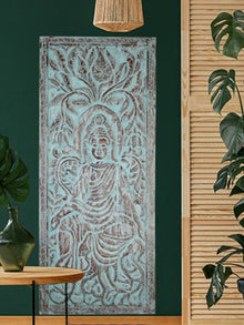  Seated Budha Artistic Carved Barndoor, Bluewash Buddha Custom Door, Indian Art