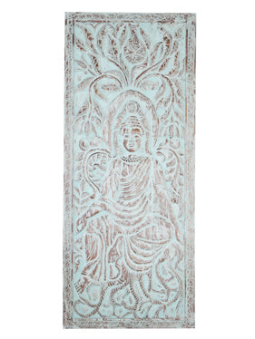 Seated Budha Artistic Carved Barndoor, Bluewash Buddha Custom Door, Indian Art