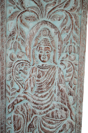Seated Budha Artistic Carved Barndoor, Bluewash Buddha Custom Door, Indian Art