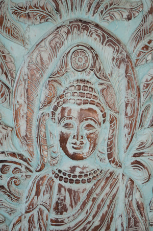 Seated Budha Artistic Carved Barndoor, Bluewash Buddha Custom Door, Indian Art 83X36