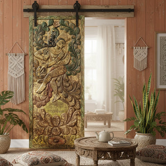 Vintage Colorful Dancing Krishna Carved Wood Door India Art 83x36