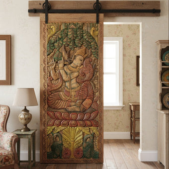 Fluting Krishna: A Melody of Love in Carved Wood - Vintage Indian Door Panel 83x36