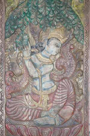 Krishna Carving, Sliding Barn Door, Hand Carved Wall Sculpture,83