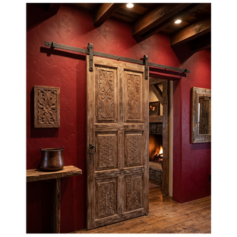 Rustic Carved Wood Door with Hinged or Sliding Barn Door