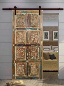  Indian Carved Carved Door Panel, Blue Hues Floral Sliding Barn Doors,