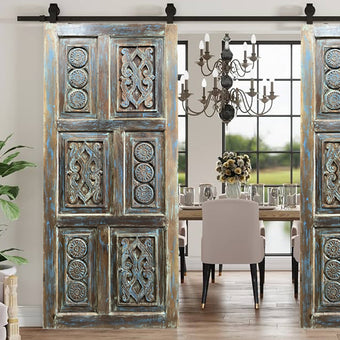 Vintage Hand Carved Door Bedroom Door Barn Blue Patina Door