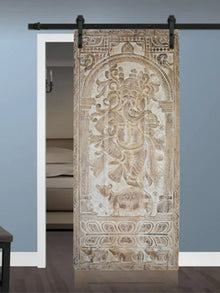  Standing Ganesha on Mushak, Wall Sculpture, Vintage Whitewashed Ganesha Barn Door