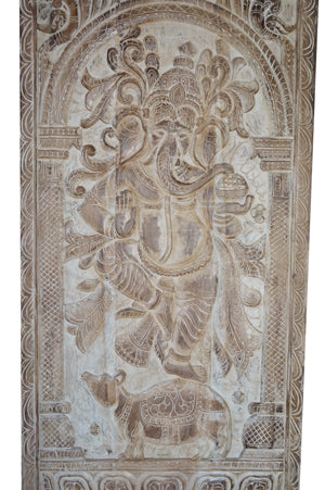 Ganesha on Mushak, Wall Sculpture, Whitewashed Ganesha Barn Door, 83