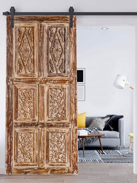 Whitewash Carved Barn Door, Birds on Tree, Carved Interior Door 80x36