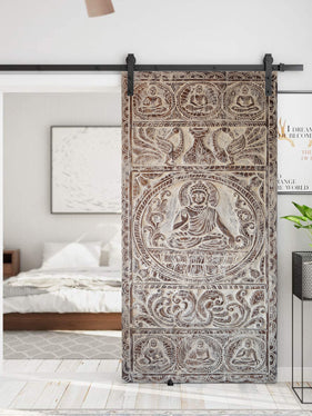Buddha Wall Art, Artistic Carved Doors, Vintage Whitewashed Budha Mudras Door