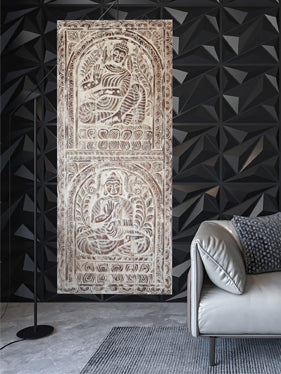 Whitewash Carved Dharmachakra Budha Barndoor, Wall Art, Custom Sliding Door