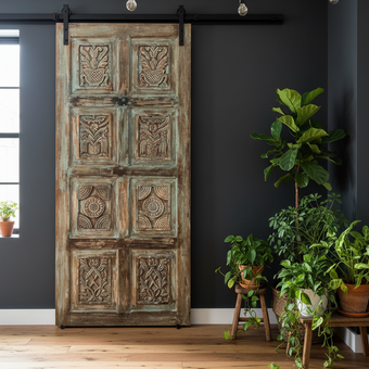 Vintage Artisan Carved Door Green Reclaimed Wood Barn Door Panel