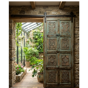 Vintage Artisan Carved Door Green Reclaimed Wood Barn Door Panel