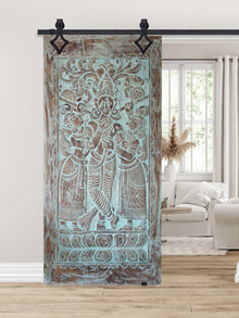  Blue Wash Krishna Sculpture, Vintage Wood Indian Panel 84X42