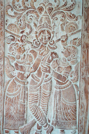 Blue Wash Krishna Sculpture, Vintage Wood Indian Panel 84X41