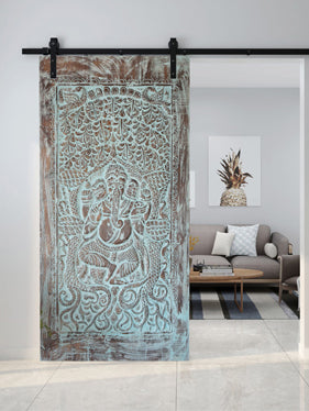 Standing Ganesha Under Kalpavriksha Tree, Handcarved Blue Ganesh Sliding Door
