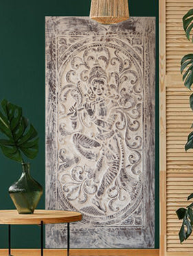 Fluting Krishna Carving, Vintage Whitewash Barn Door, CUSTOM Sliding Door