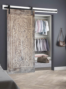 Tree of Life Carved Wall Art, Vintage Whitewash Sliding Barn Door