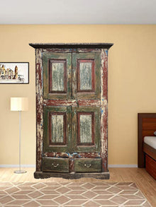  Shabby Chic Carved Distressed Green Red Armoire, Accent Cabinet