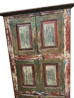 Shabby Chic Carved Distressed Green Red Armoire, Accent Cabinet