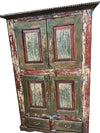 Shabby Chic Carved Distressed Green Red Armoire, Accent Cabinet