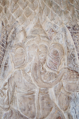 Vintage Whitewash Ganesha Wall Sculpture, Barn Door 84x41