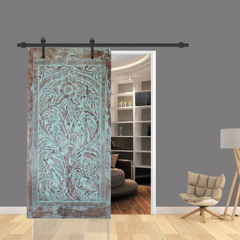 Tree Of Life Vintage Carved Wood Blue Sliding Barn Door Wall Art Decor 84x41