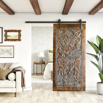 Antiqued Fluting Krishna Vintage Indian Door Wall Sculpture Art 84