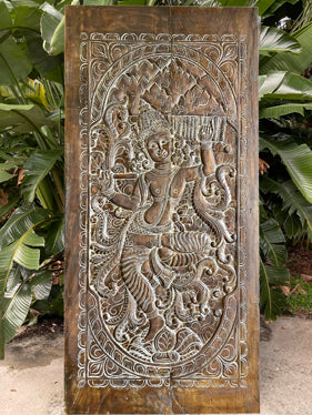 Yoga Room, Temple Decor Krishna raised Mount Govardhana, Vintage Wood Indian Art 84