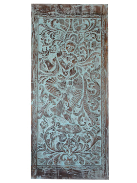 Fluting Krishna Carving, Vintage Turquoise Barn Door, CUSTOM Sliding Door 96x40