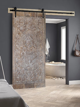 Vintage Temple Ganesha Sculpture, Carved Indian Door 96