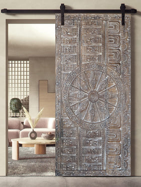 Artisan-Carved Vintage Sun Temple Wall Sculpture Sliding Door 72