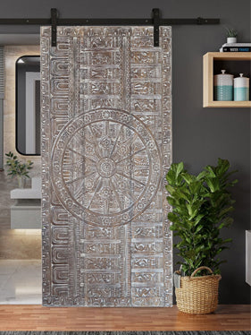 Artisan-Carved Sliding Barn Door Vintage Sun Temple Wall Sculpture 72