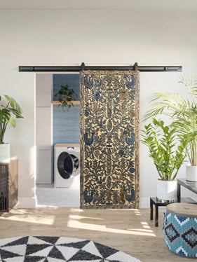 Tree of Life Sliding Barn Door, Carved blue Hues Vintage Wood Barn Door 96x42