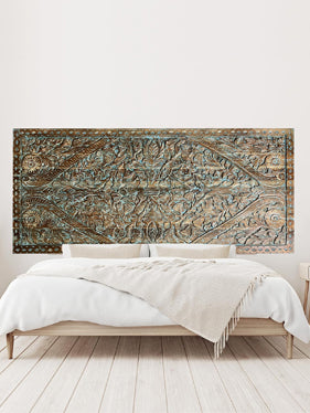 Carved Door Headboard Vintage Blue Lotus Garden Wood Sliding Barndoor 96x42