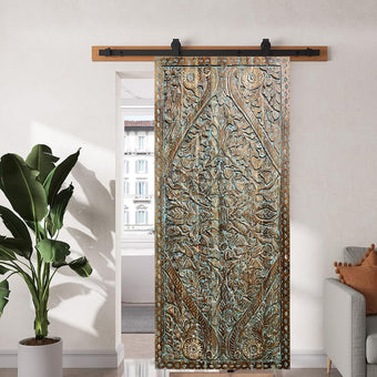 Carved Wood Sliding Barn Door Headboard Blue Lotus Garden Double Doors 96x42