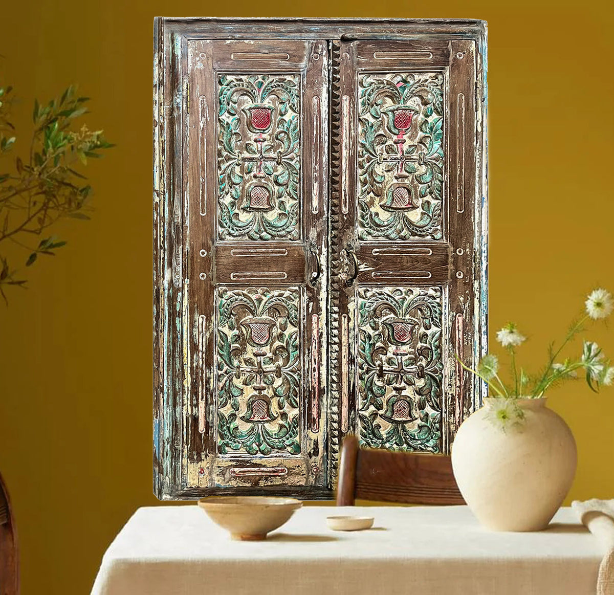 ☆ジャロカ☆インド ヴィンテージ 手描き木製装飾扉 Antique Indian Jharokha Window Shutter Carved Wall Decor Panel