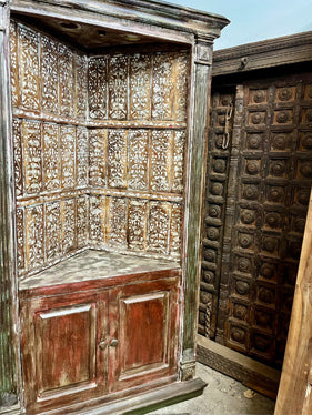 Antique HandCarved Corner Bookshelf, Open Bookcase, Rustic Farmhouse Display Shelf