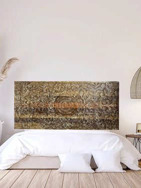 Vintage Natural Wood Carved Lotus Sliding Door Artistic Door King Headboard 80x36