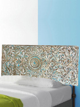 Metallic Blue Accents Carved Door Headboard, Carved Wood Sliding Door 80
