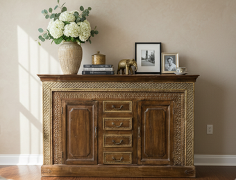 Antique Carved Sideboard Buffet Dresser Brass Accents Storage Chest