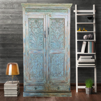 Antique Wardrobe Armoire Blue Rustic Hand Carved Statement Cabinet