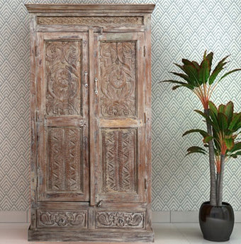 Antique Carved Wardrobe Beige Armoire Floral Carved Cabinet