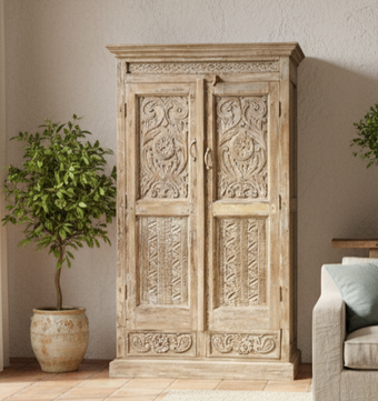 Antique Wardrobe Armoire Whitewashed Mediterranean Style Cabinet 72