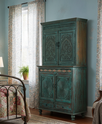 Antique Armoire Ornate Carved Green Painted Tiles – Hutch Bedroom Cabinet