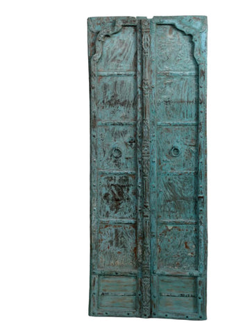 Vintage Indian Teak Double Door Rustic Blue Exterior Antique Entryway 82