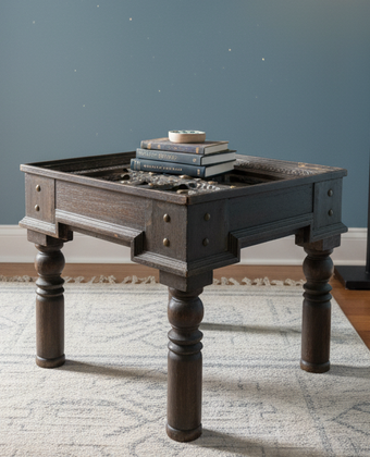 Antique Hand Carved Table Black Accent Brass Studs Old Tea Table
