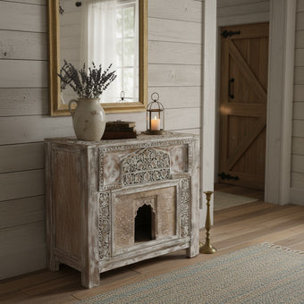 Handcrafted Rustic Bar Console Table Arch Stone Carved Whitewash Table