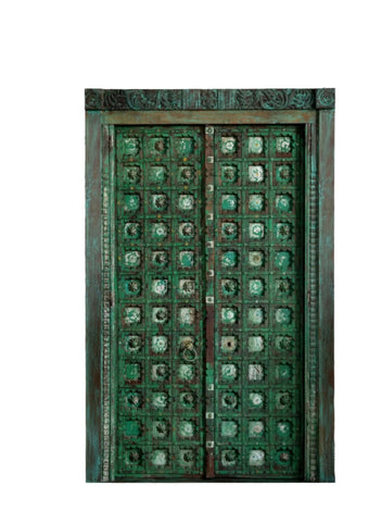 Antique Indian Door Green Brass Patina Carved Architecture Double Doors 85